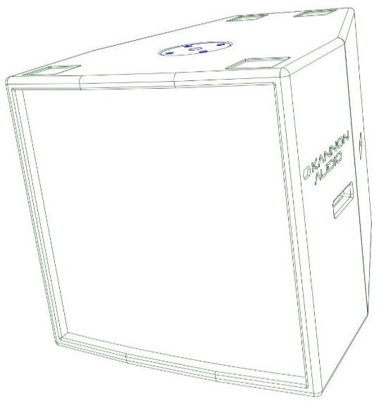 Line drawing of the Model 615A subwoofer cabinet, including recessed connectors and handles.